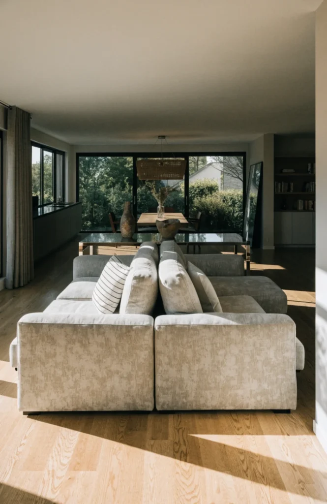 Center the sofa to split a large open room