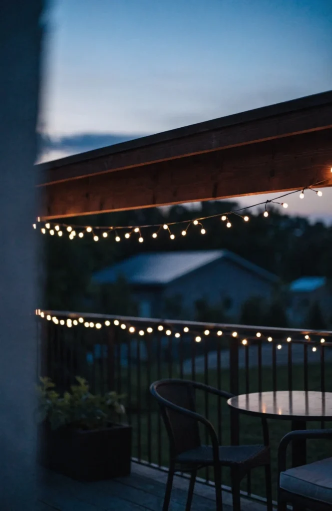 String warm-white lights along the railing or overhead beam