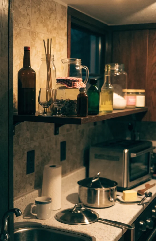 Style an open shelf above a kitchen counter