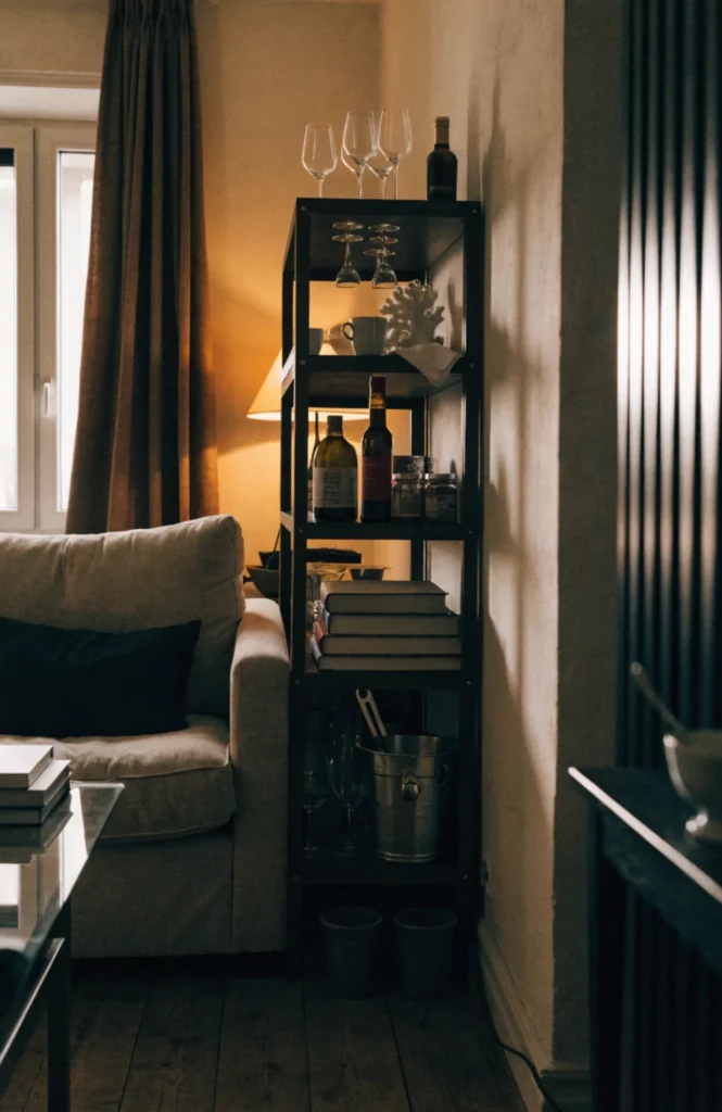 Slide a narrow bar unit beside a sofa or armchair