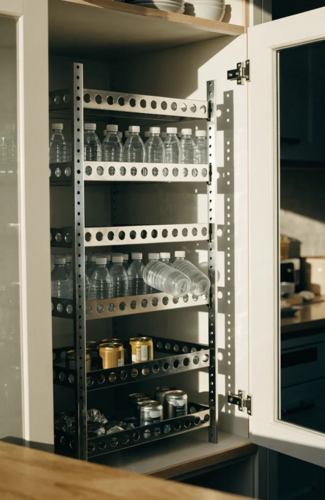 Store water bottles and cans on a tiered rack