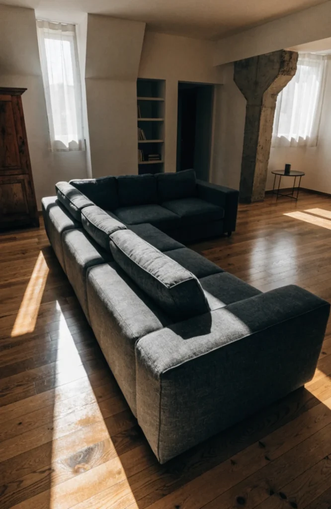 Angle the sofa at 45 degrees in a boxy room