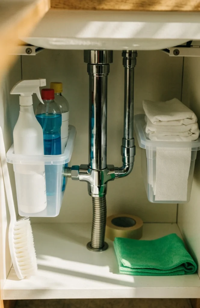 Use clear bins to organize under the sink