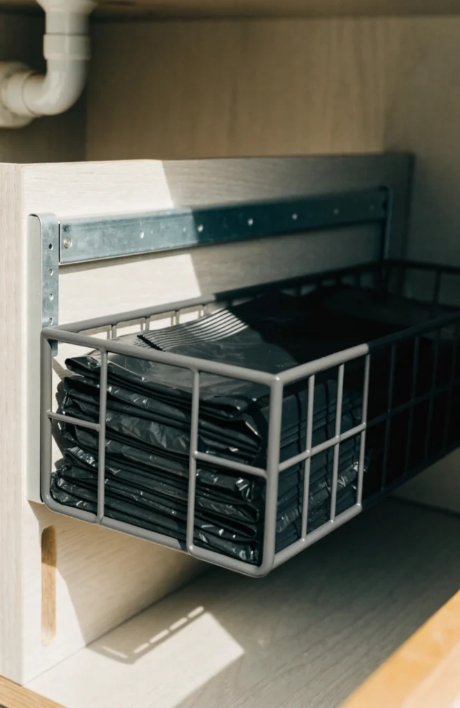 Add a sliding basket for trash bags and liners