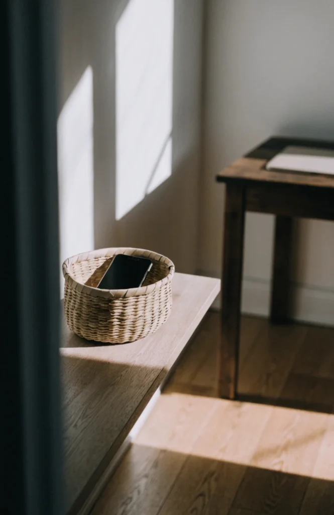 Create a phone or device drop zone away from the desk