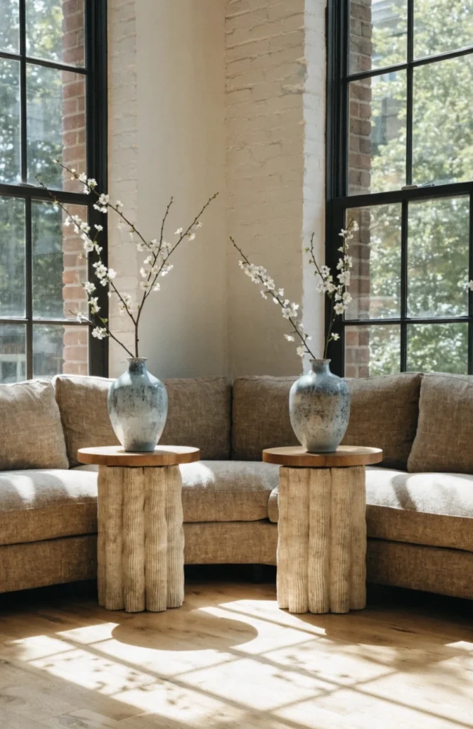 Use matching side tables for symmetry in a big room
