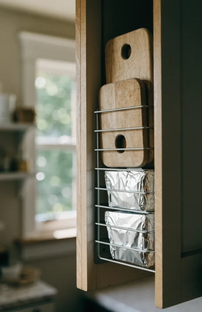 Use the inside of cabinet doors for flat storage