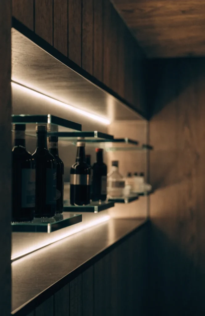 Glass shelves in a wall alcove or niche