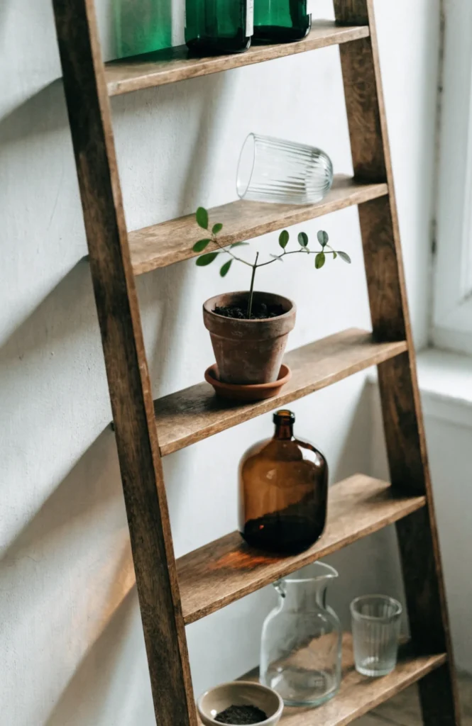 A ladder-style leaning shelf unit