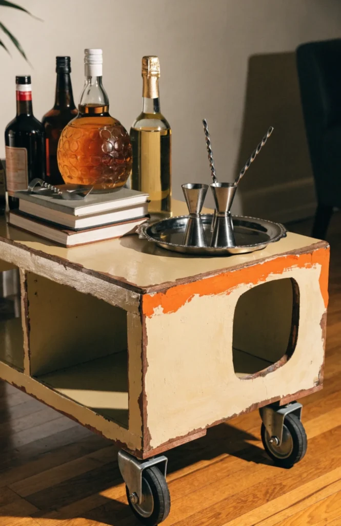 Convert an old TV stand into a rolling bar cart