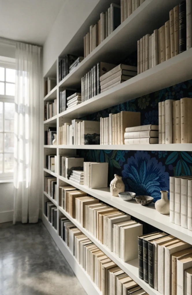 Add a Bold Wallpaper Backing Behind Open Shelves