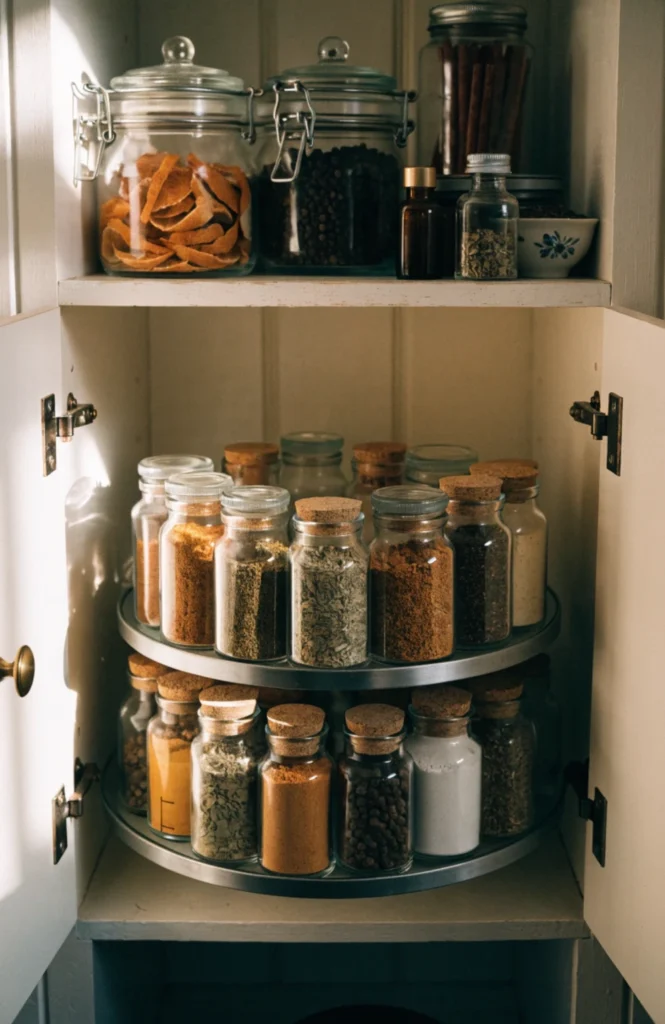 Use a tiered lazy Susan for spices or condiments