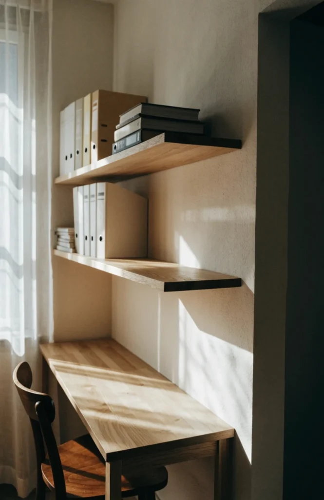 Stack floating shelves above eye level for supplies