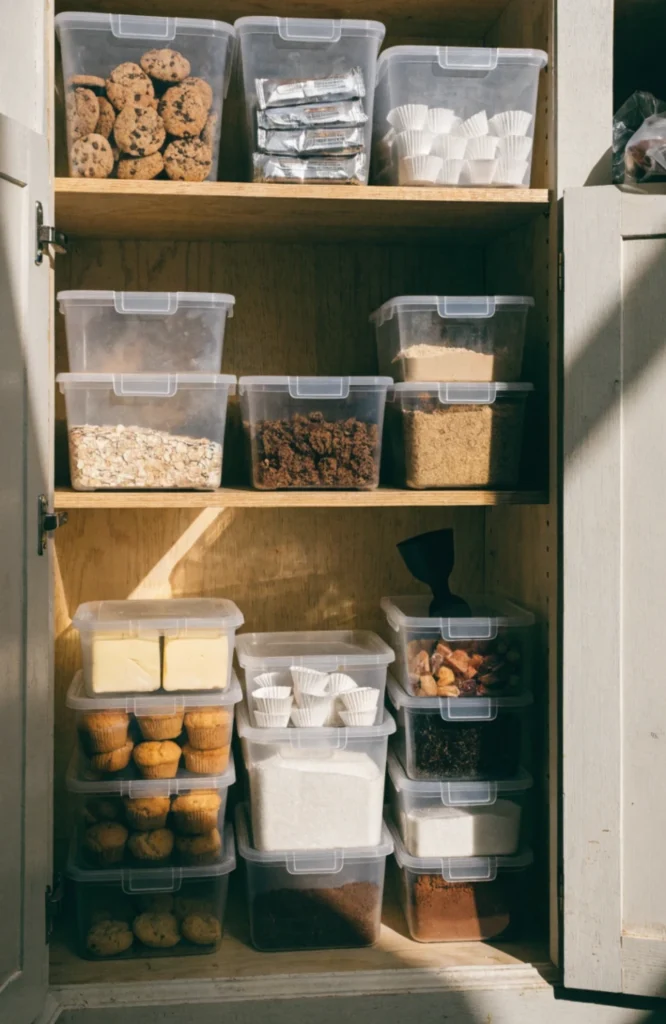 Use stackable, clear bins for loose items