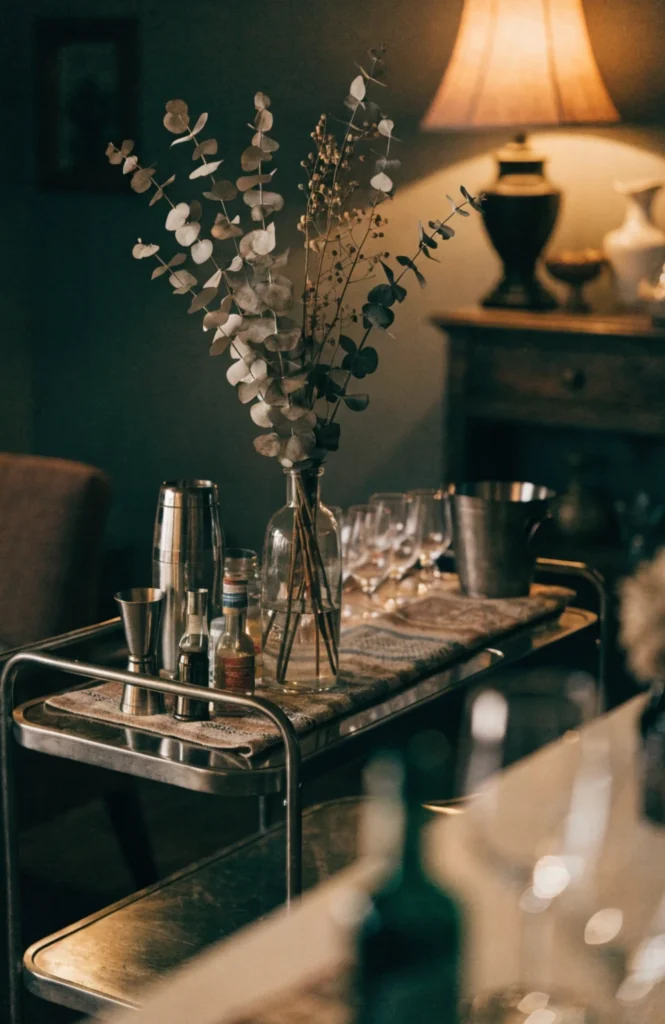 Style a bar cart with a draped runner and dried foliage