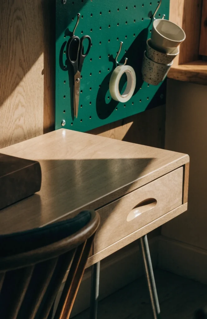 Mount a pegboard behind the desk for supply access
