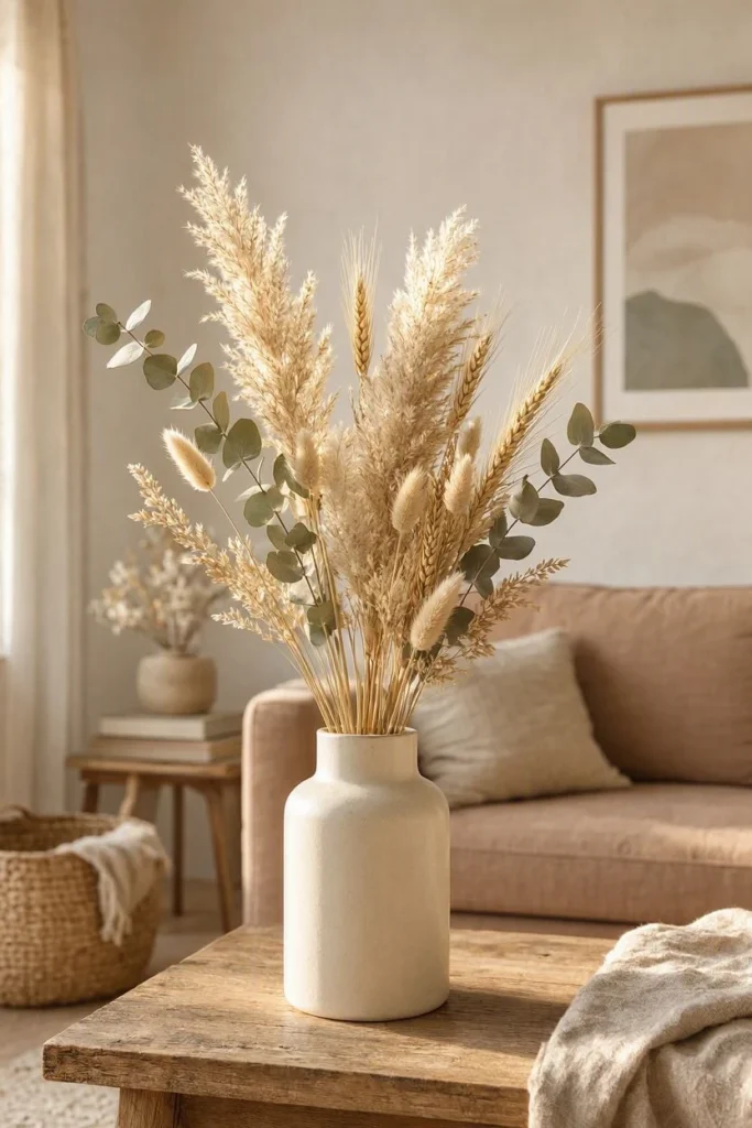 A dried floral arrangement instead of fresh flowers