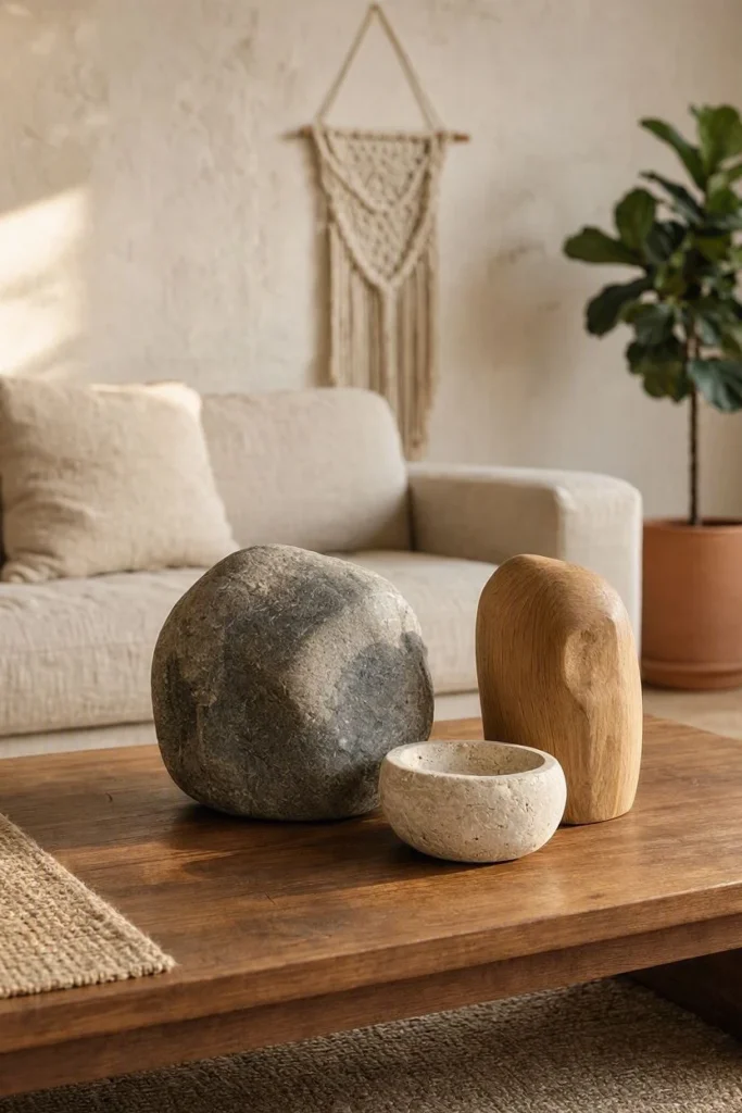 Natural stone or wood objects as sculptural accents