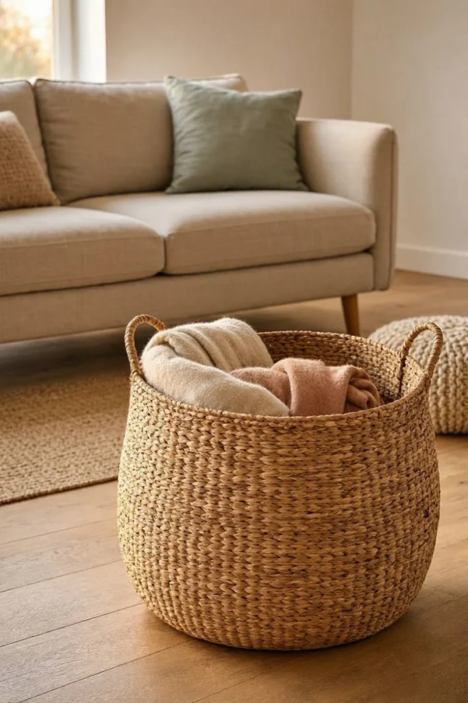 A woven basket used for functional storage