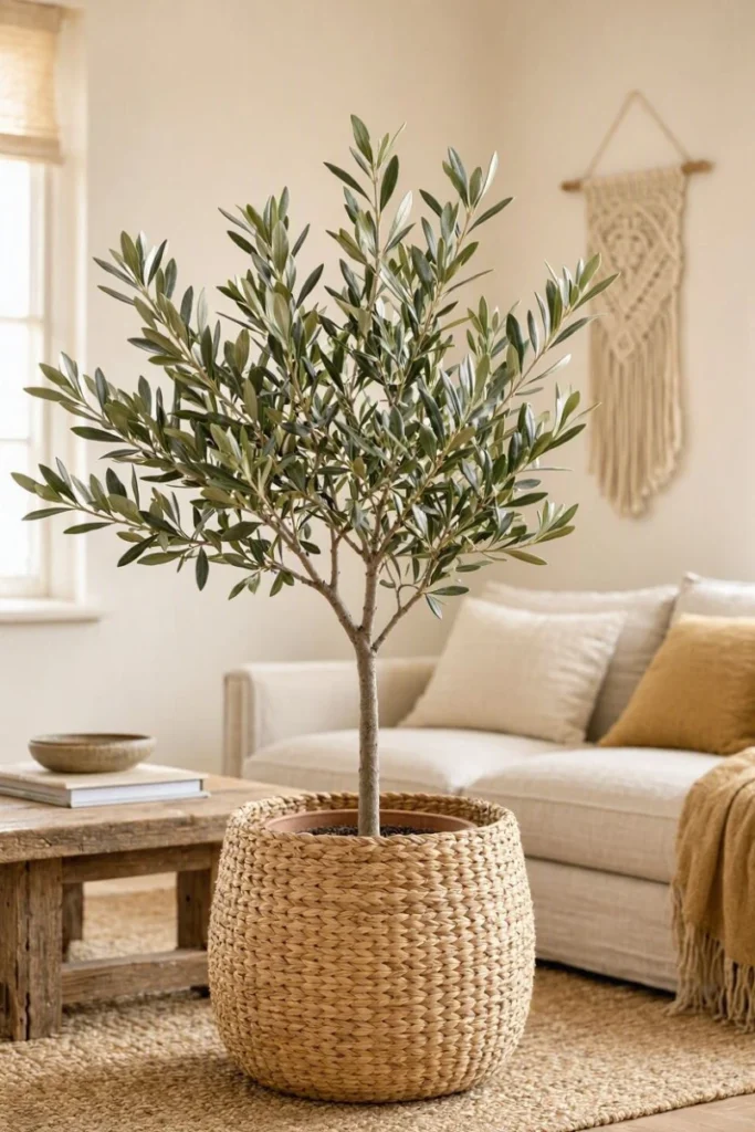 A single potted olive or fig tree in a woven planter