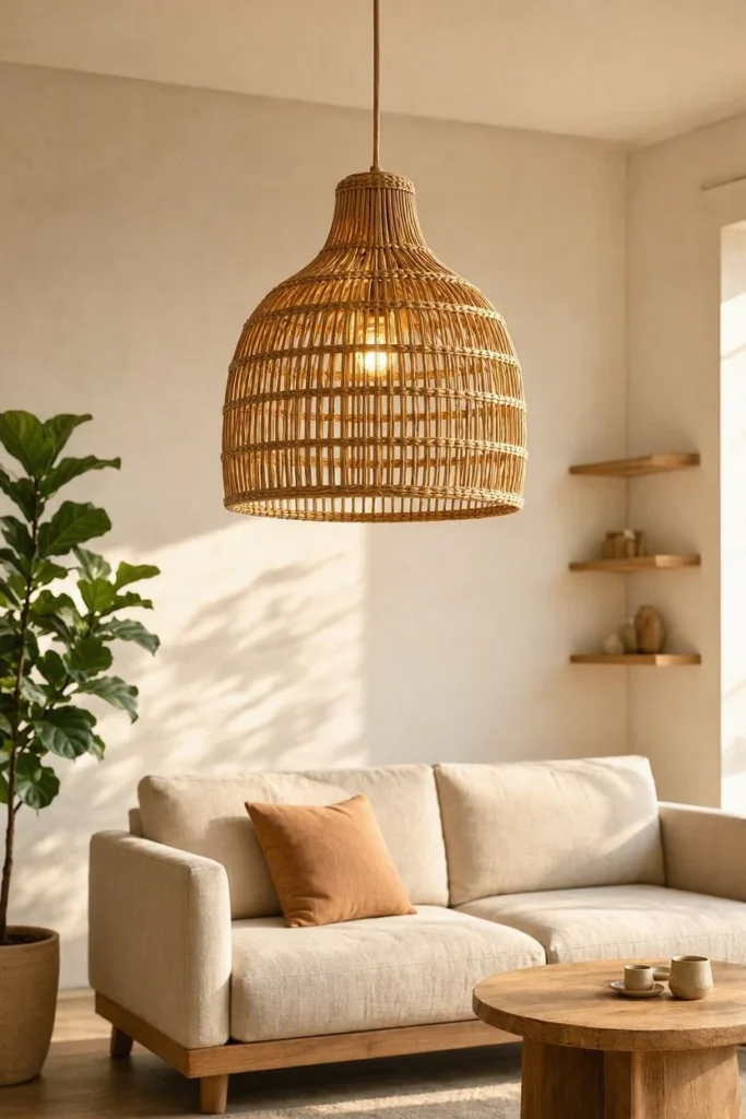 A woven pendant light over the seating area