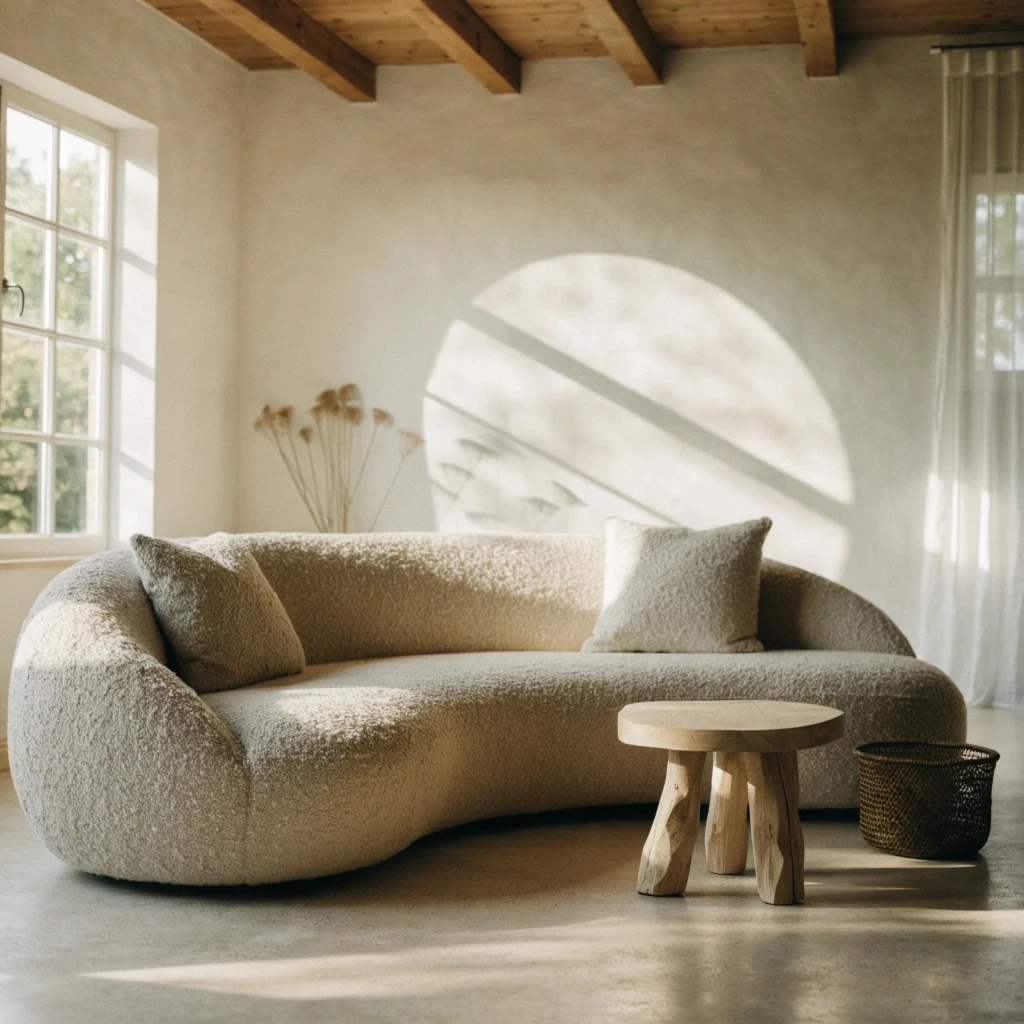 A low, curved sofa as the room's anchor