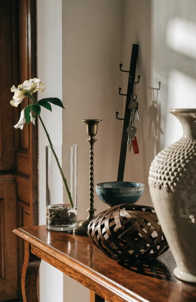 close-up-of-an-entryway-table-styled-with-object
