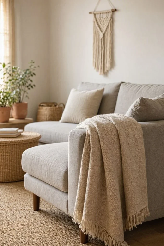 A neutral throw blanket layered over the sofa arm