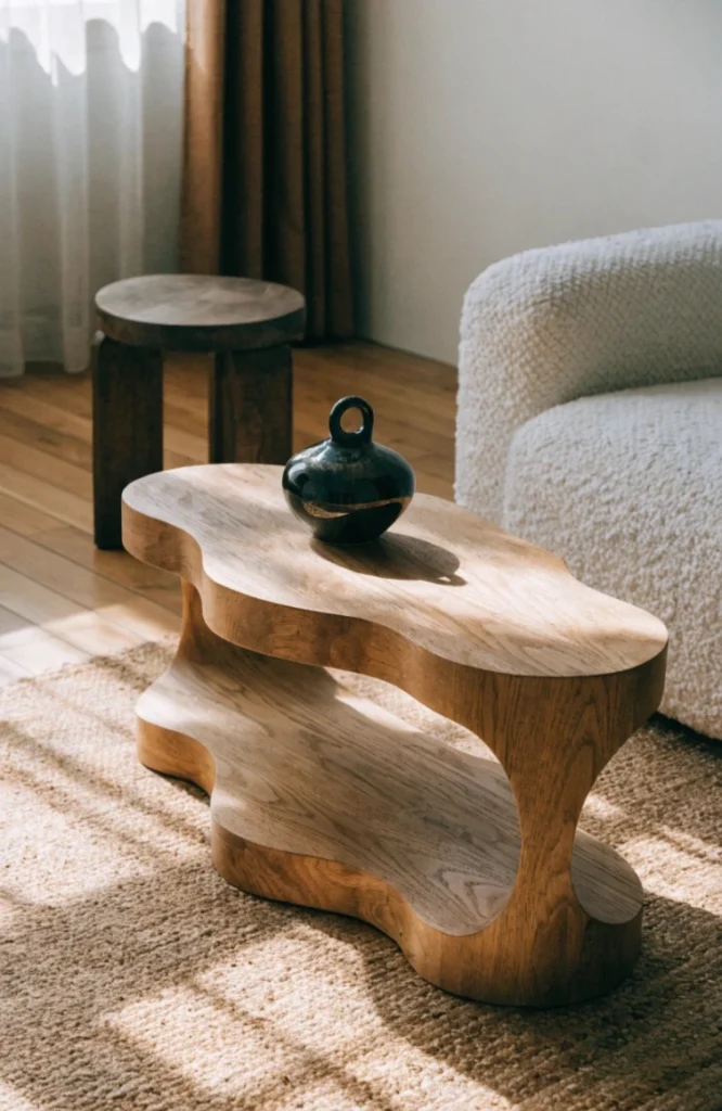 A sculptural wood coffee table instead of glass