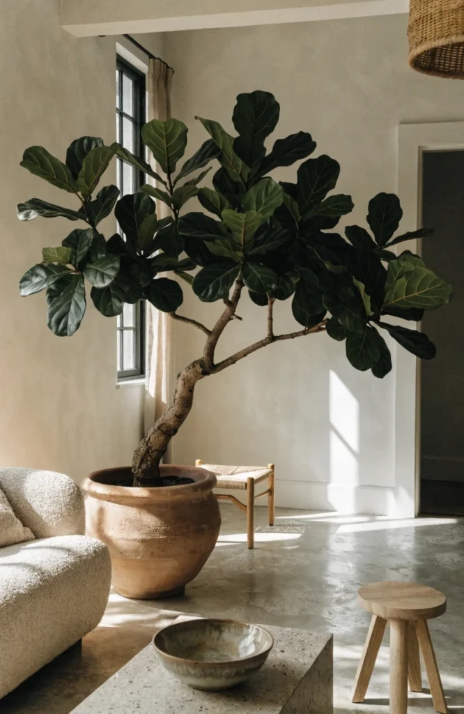 A single oversized floor plant as the room's focal point