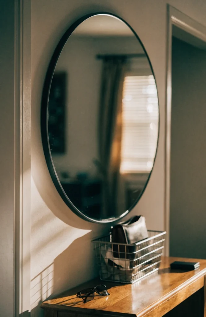 close-up-of-an-oversized-round-mirror-hung