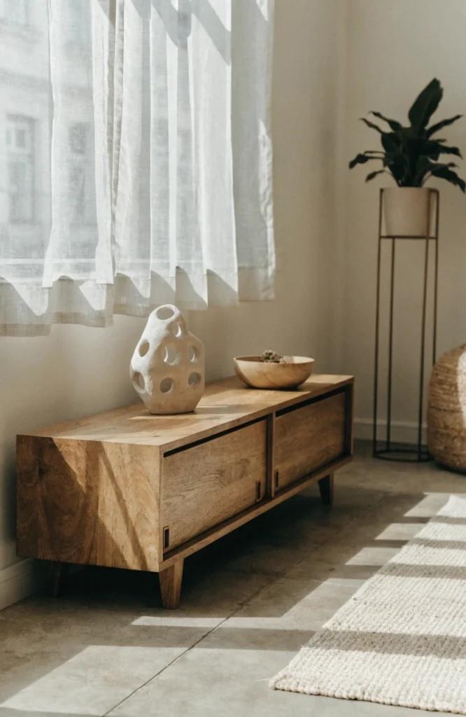 A low profile media console in warm wood