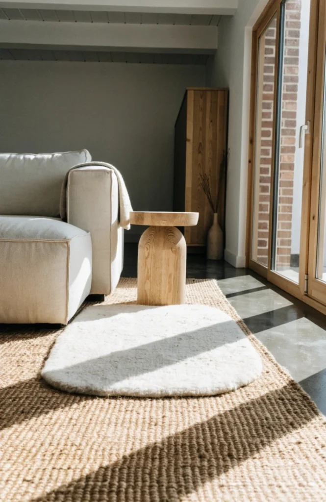 A layered jute and wool rug combination