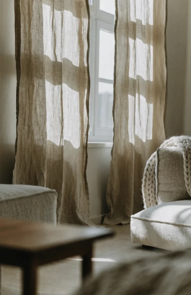 Linen curtains in a soft, undyed tone