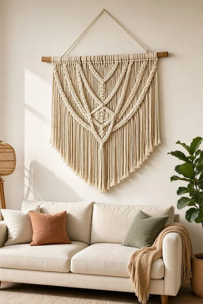 Woven textured wall hangings instead of framed art