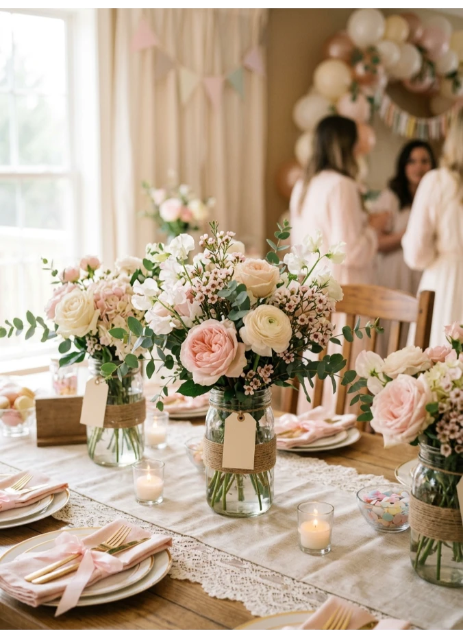 Soft pastel florals in mason jars