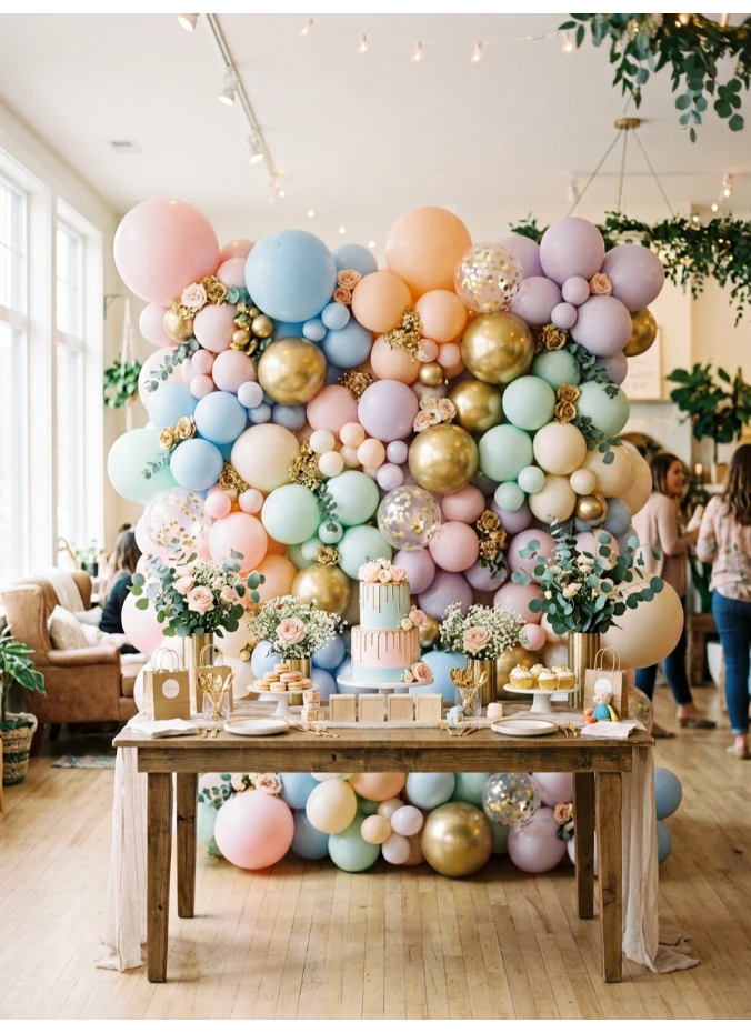 A pastel balloon wall as a backdrop