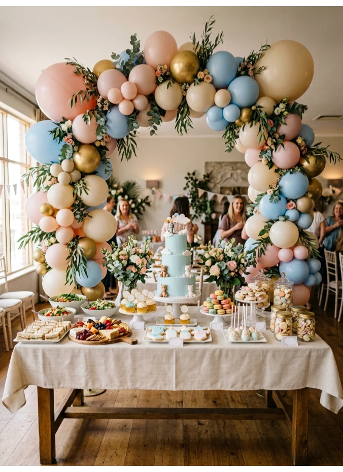 A balloon arch over the food table