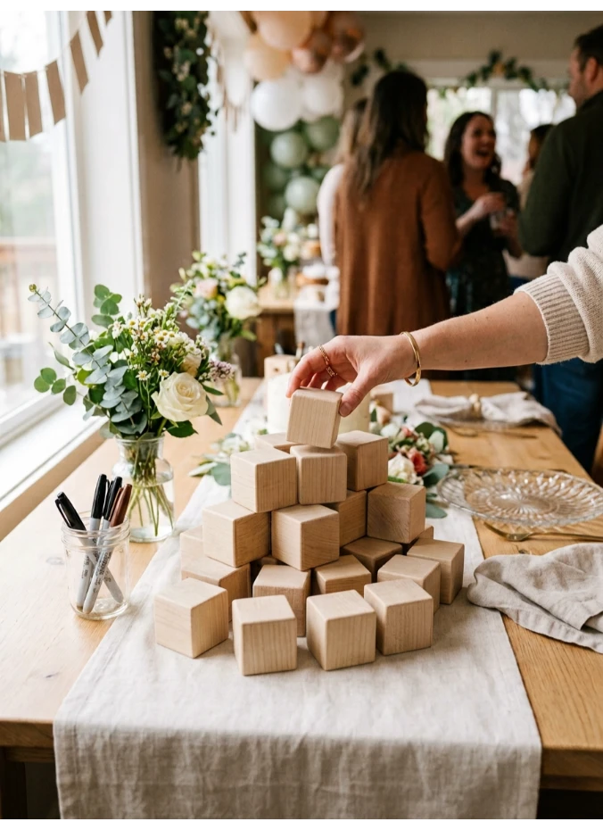 A guest book table with baby blocks
