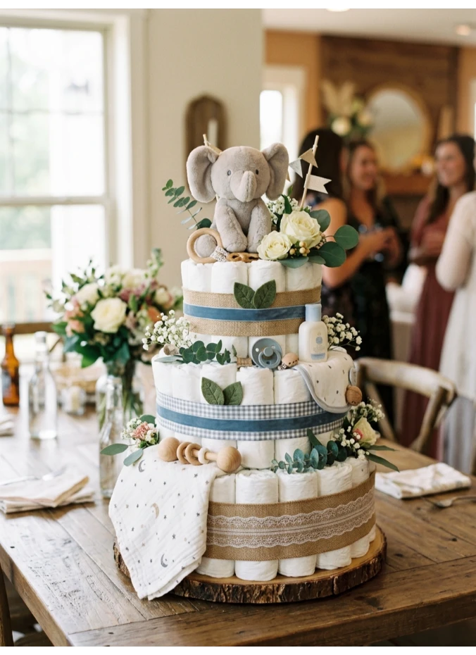 A diaper cake as the centerpiece