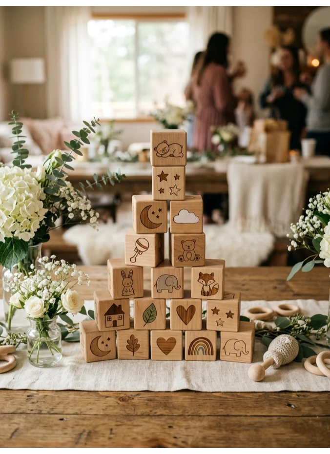 Baby blocks stacked as a centerpiece
