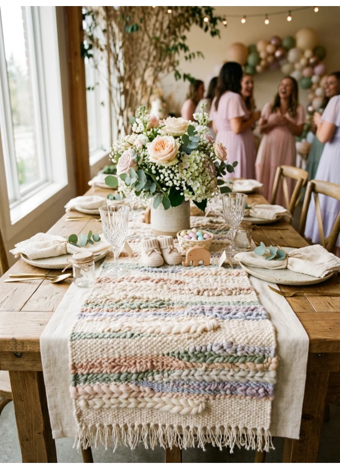 A textured table runner in the shower's palette
