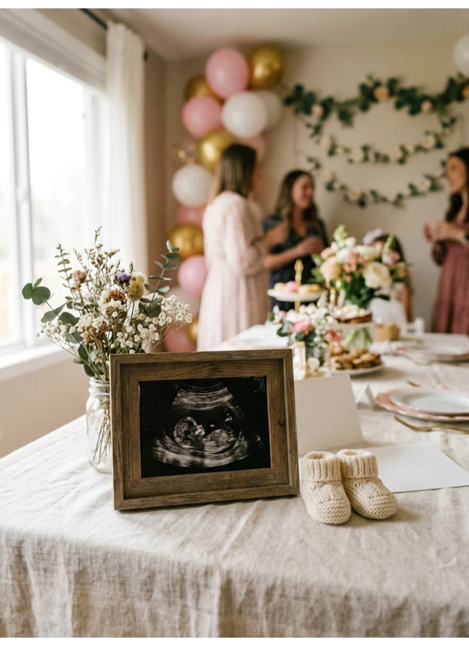 Framed ultrasound photos on the table