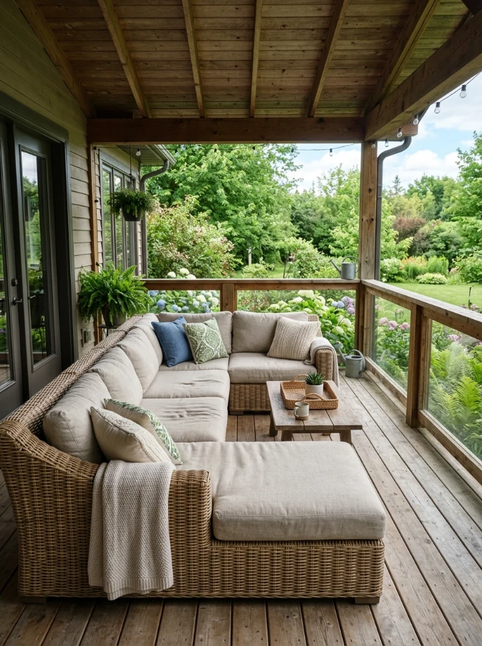 A wicker sectional with deep cushions