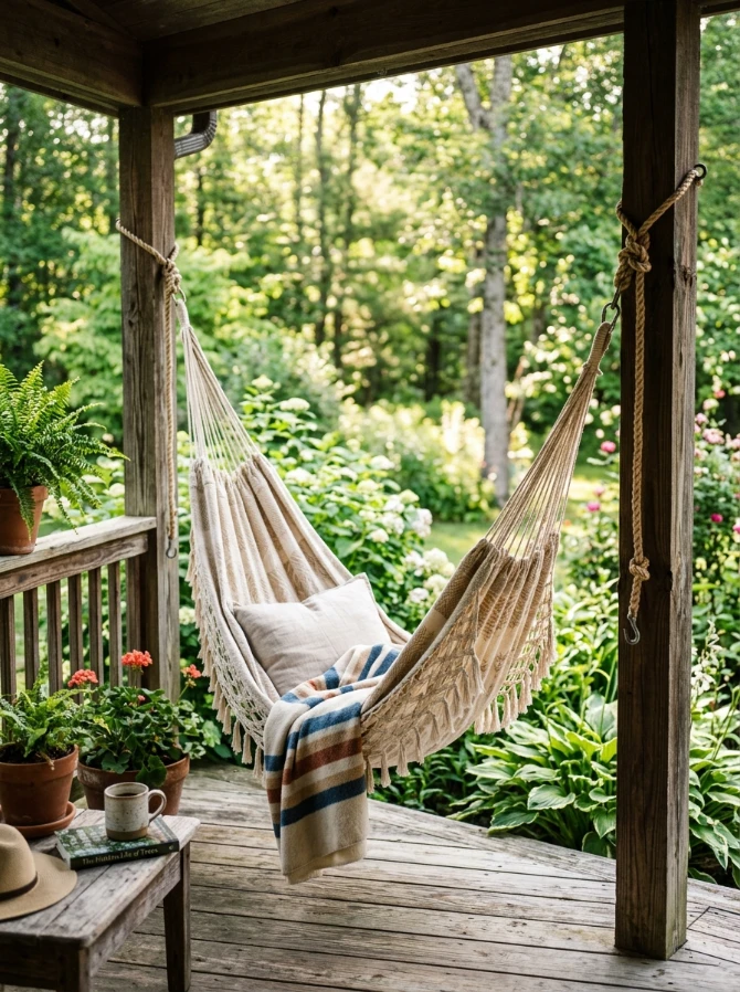 A hammock strung between two posts