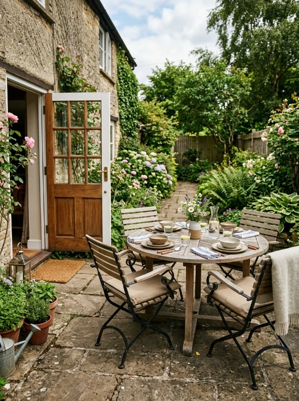 A dining set close to the kitchen door