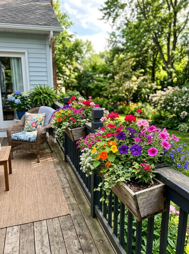 Window boxes along the porch railing