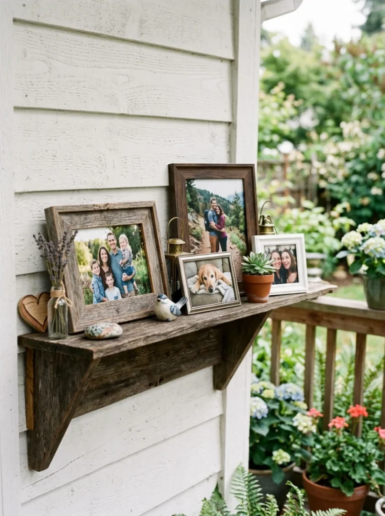 Personal touches like framed photos or a small shelf