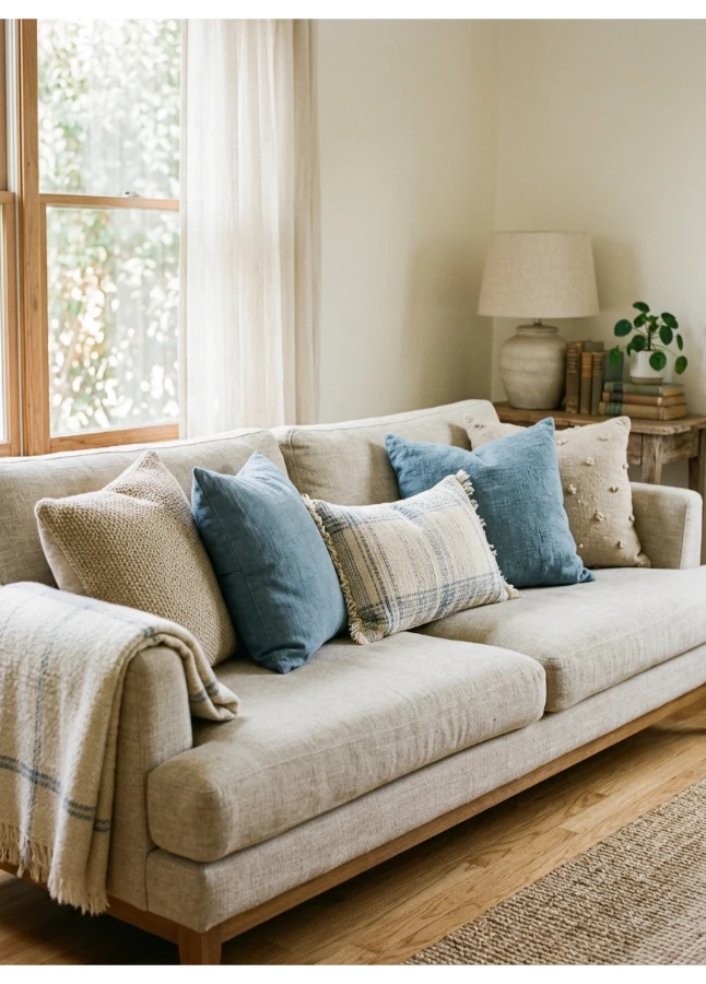Muted blue and sand accents