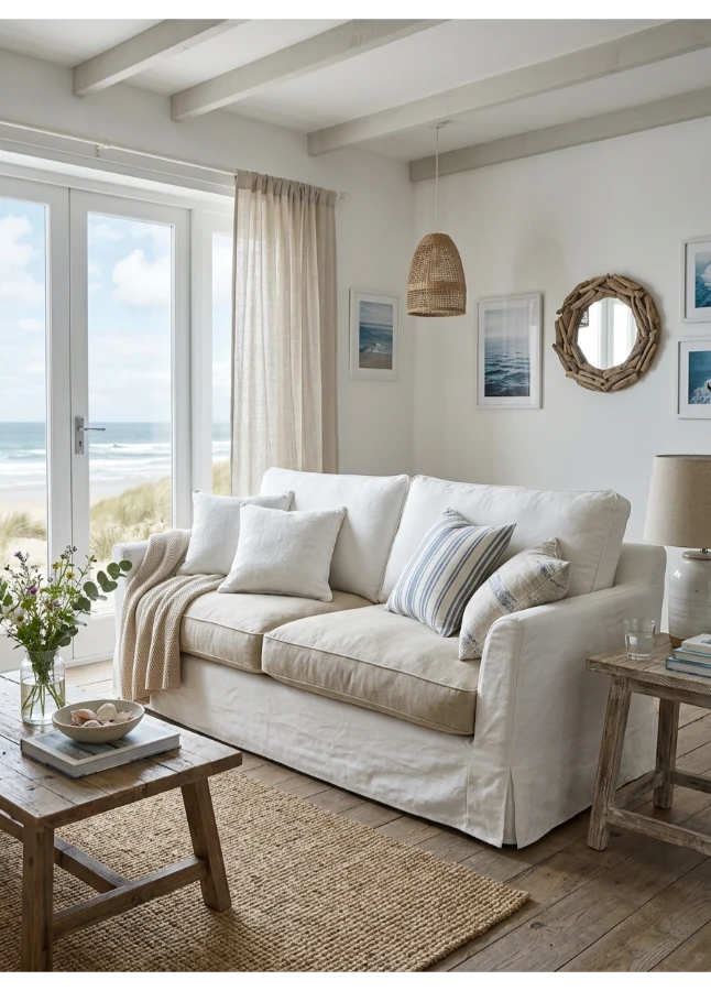 A white slipcovered sofa